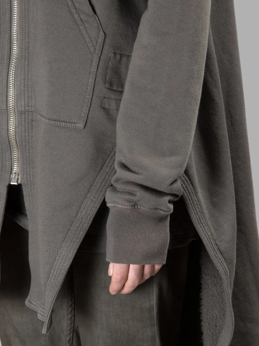 Grey Long Hoodie /Zip Closure  /Two Side Pockets /  Asymmetric Raw Cut Sleeve Seam