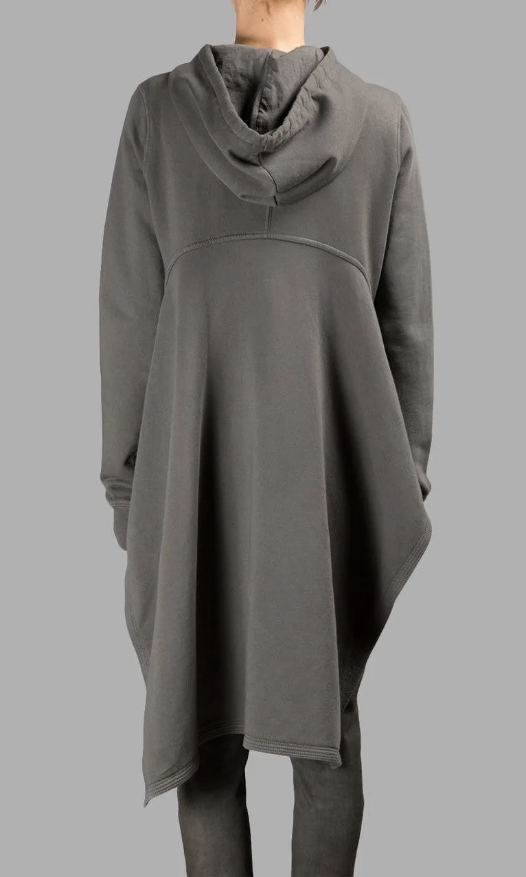 Grey Long Hoodie /Zip Closure  /Two Side Pockets /  Asymmetric Raw Cut Sleeve Seam