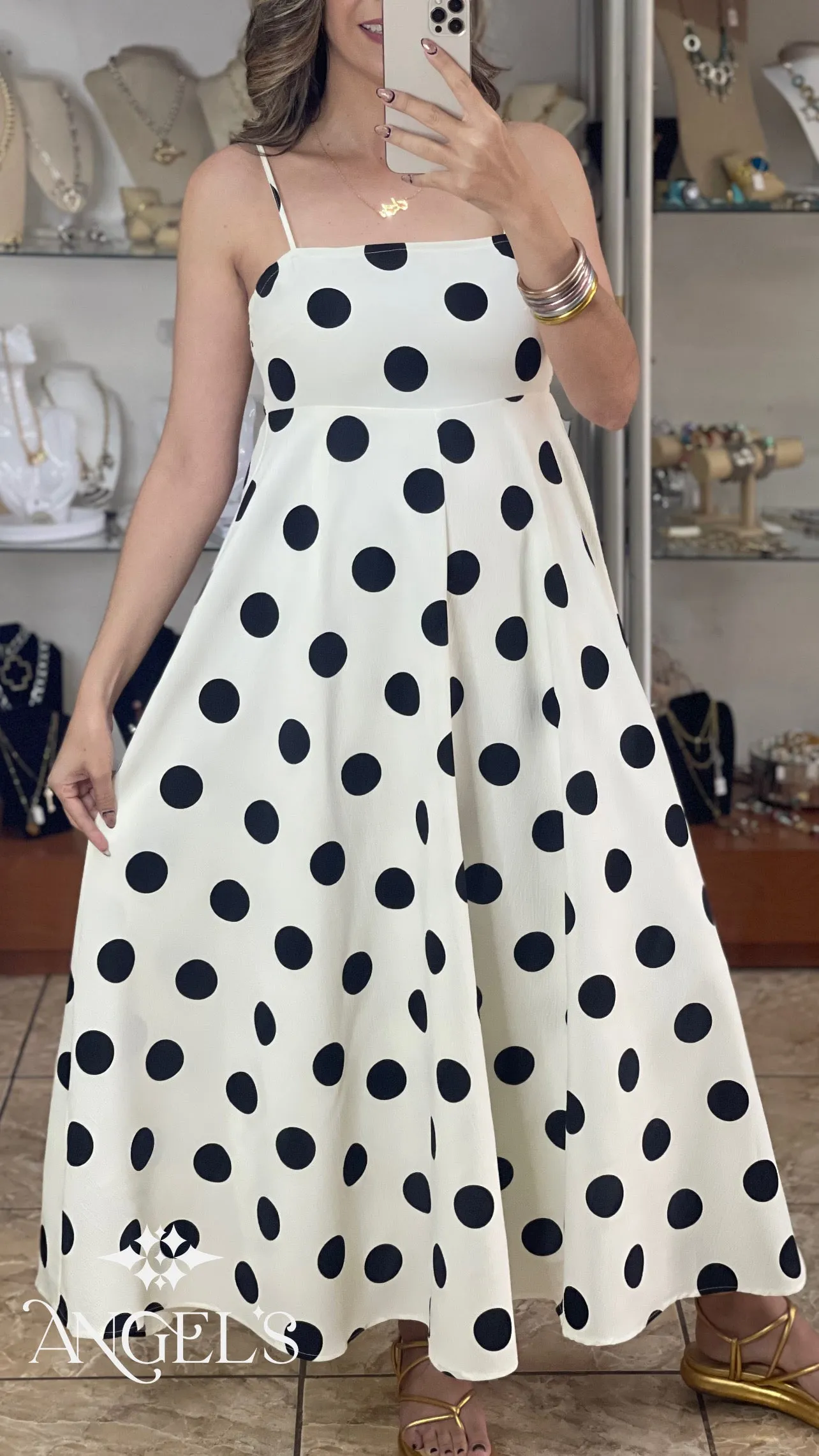 Ivory/Black Polkadot Maxi Dress