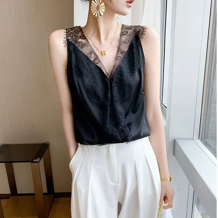 Lace Panel Sleeveless Top Loose V-neck Strap