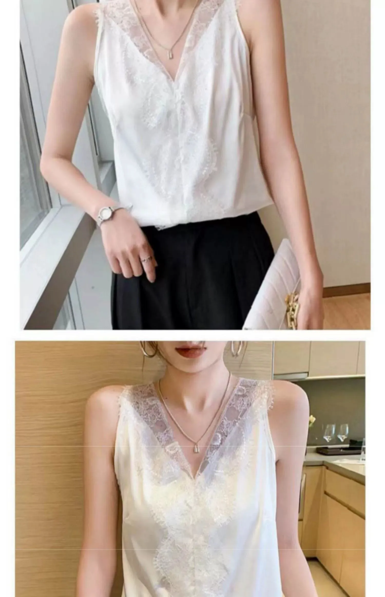 Lace Panel Sleeveless Top Loose V-neck Strap