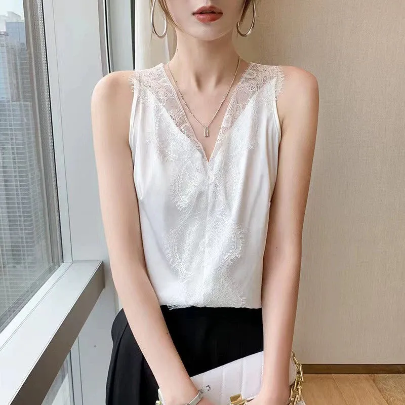 Lace Panel Sleeveless Top Loose V-neck Strap