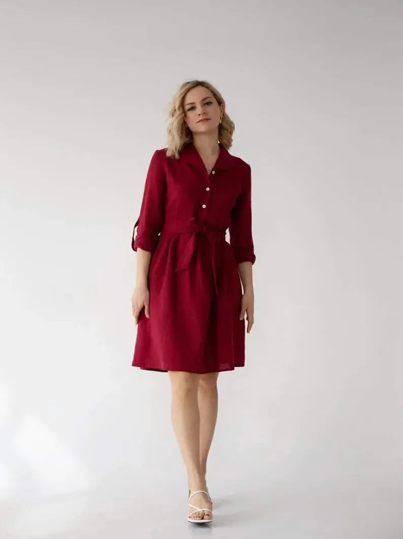 Lily Linen Dress In Burgundy