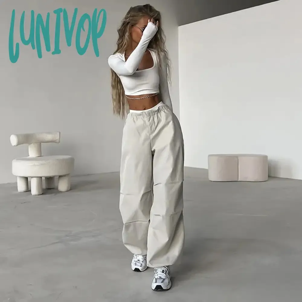 Lunivop Cargo Pants Baggy Wide Leg Straight Trousers  Women Drawstring Joggers Streetwear Y2k Summer Casual Oversized Sweatpant