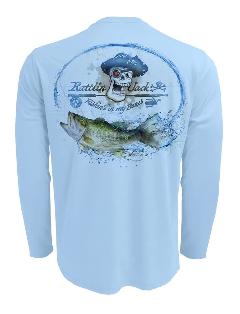 Men's UV Skull Logo Bass Fishing Shirt by Rattlin Jack | Long Sleeve | UPF 50 Sun Protection | Performance Polyester Rash Guard |