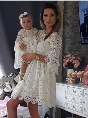 Mommy and Me Dresses Cotton Solid Colored Flower Party Lace White Half Sleeve Knee-length Mommy And Me Outfits Wedding Flowers Matching Outfits