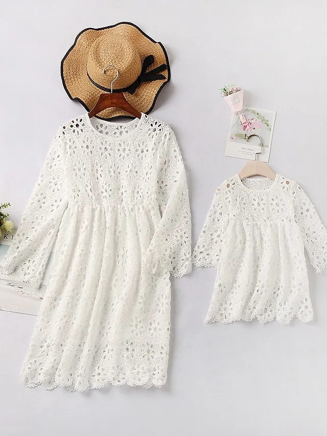 Mommy and Me Dresses Cotton Solid Colored Flower Party Lace White Half Sleeve Knee-length Mommy And Me Outfits Wedding Flowers Matching Outfits