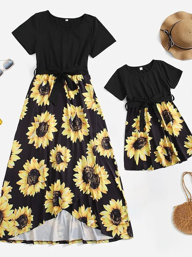 Mommy and Me Dresses Graphic Sunflower Daily Print Black Short Sleeve Maxi Mommy And Me Outfits Vacation Matching Outfits