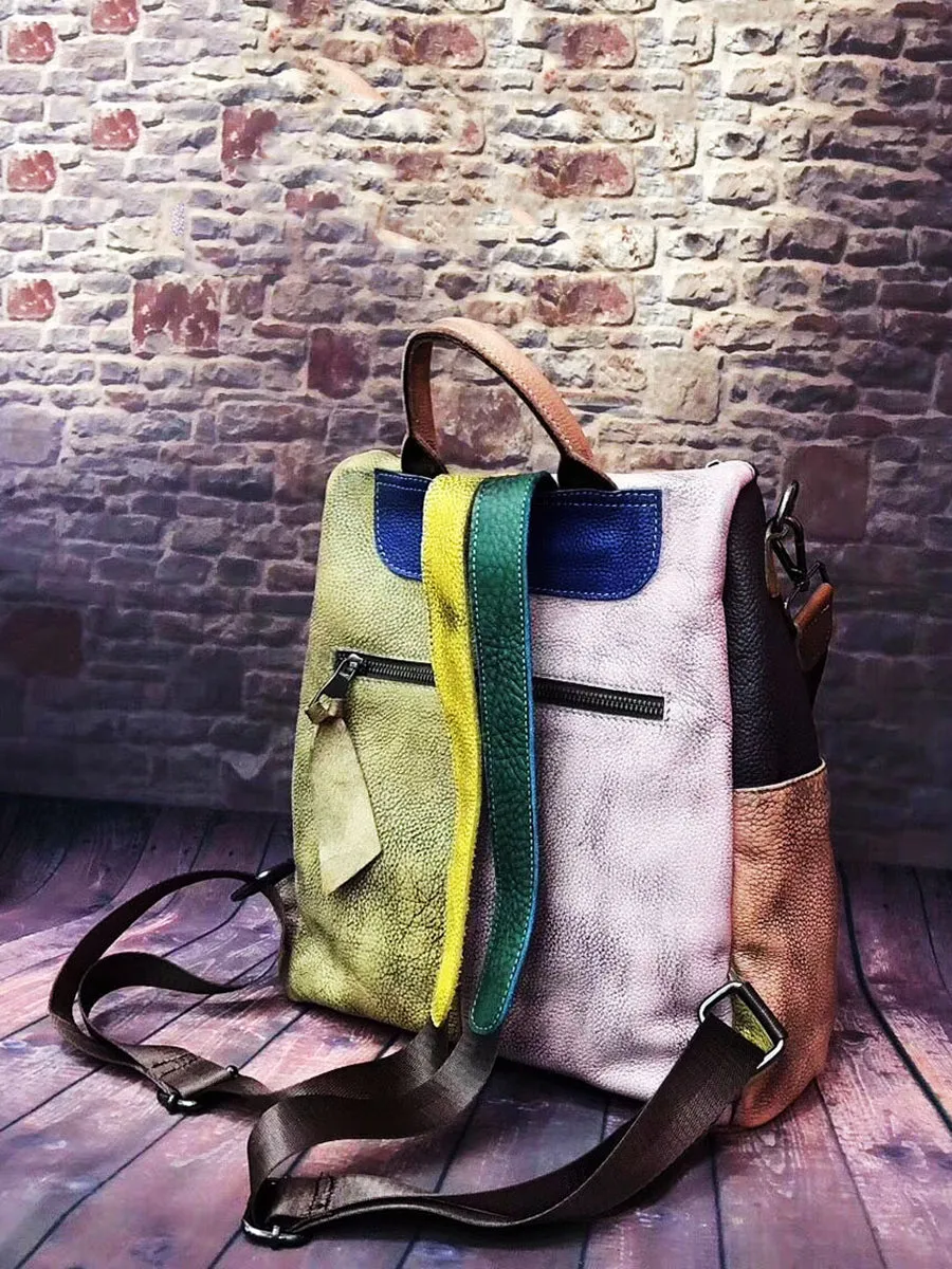 Multicolor Women Leather Zipper Backpack