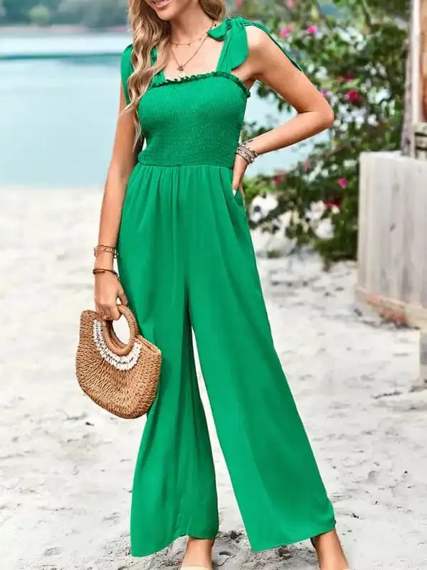 New temperament casual solid color high waist wrap chest suspender jumpsuit wide leg pants