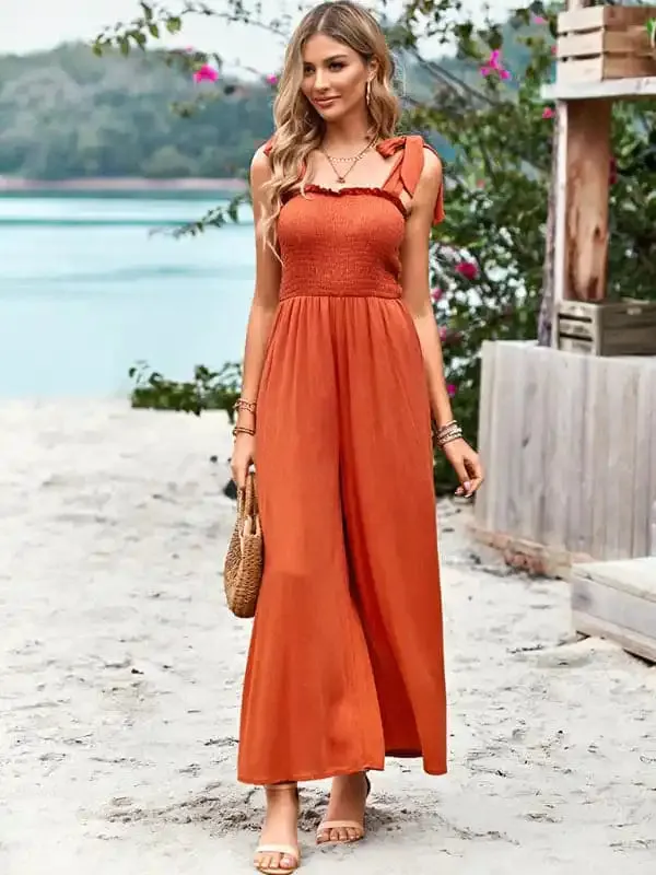 New temperament casual solid color high waist wrap chest suspender jumpsuit wide leg pants