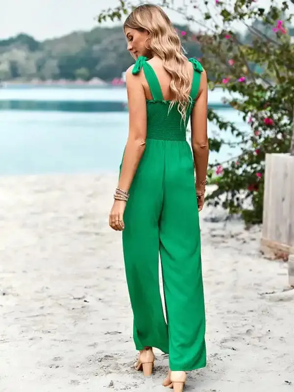 New temperament casual solid color high waist wrap chest suspender jumpsuit wide leg pants