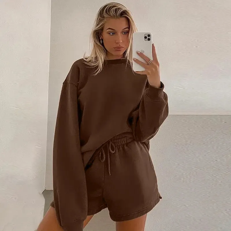 Round Neck Pullover Sweatshirt Shorts Suit