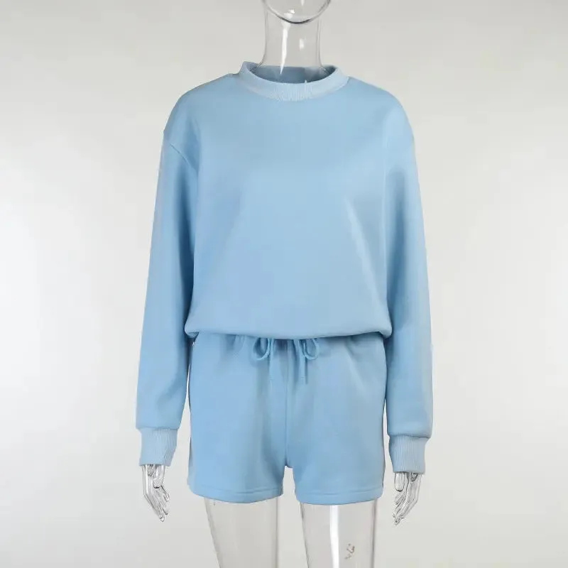 Round Neck Pullover Sweatshirt Shorts Suit