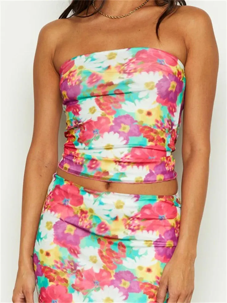 Sexy Women Summer Tube Off Shoulder Solid Color/Floral/Tie Dyeing Print Strapless Bodycon Summer Mini Vests Crop Top