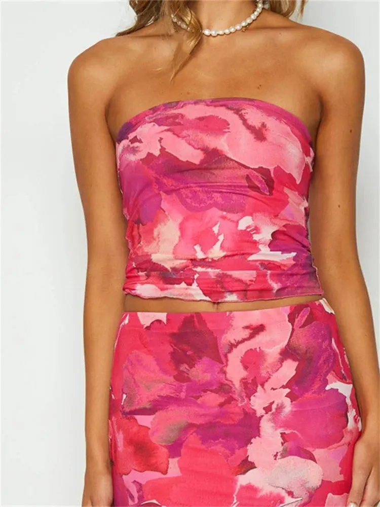 Sexy Women Summer Tube Off Shoulder Solid Color/Floral/Tie Dyeing Print Strapless Bodycon Summer Mini Vests Crop Top