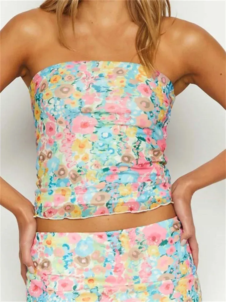 Sexy Women Summer Tube Off Shoulder Solid Color/Floral/Tie Dyeing Print Strapless Bodycon Summer Mini Vests Crop Top