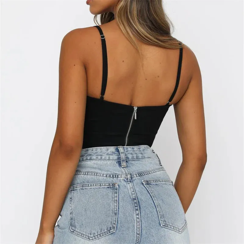 Spaghetti Strap Criss-cross Hollow Out Lace-up Bustiers Top Women Solid Color Tube Back Zip Up Vests Crop Top