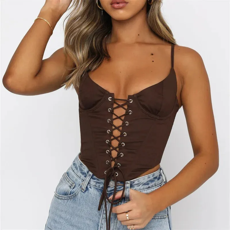 Spaghetti Strap Criss-cross Hollow Out Lace-up Bustiers Top Women Solid Color Tube Back Zip Up Vests Crop Top