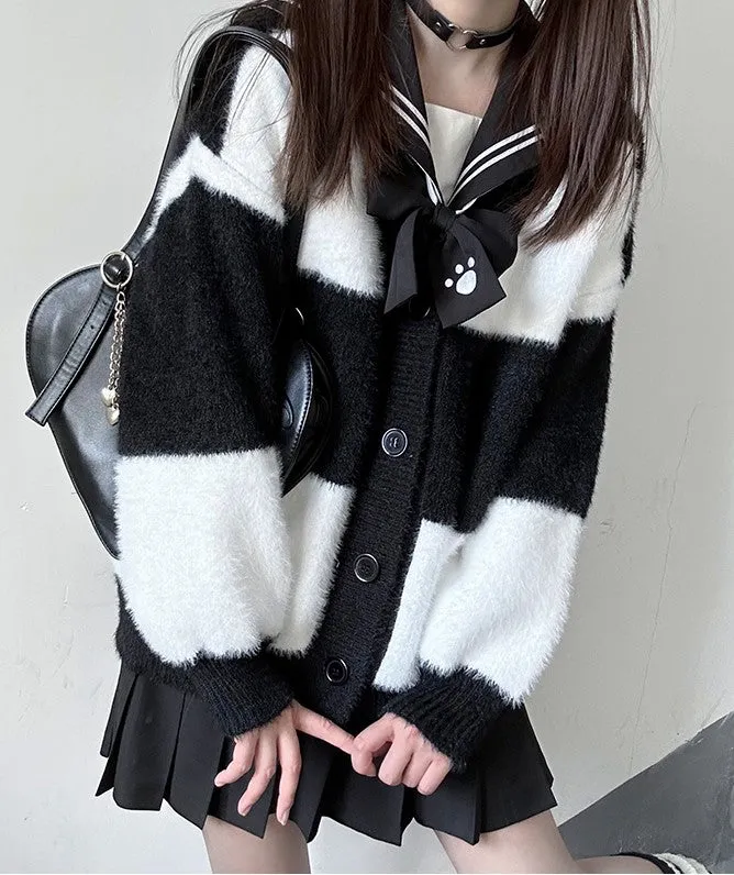 Striped Black and White Cozy Knit Cardigan