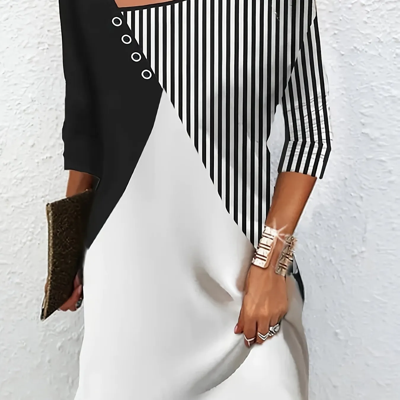 Striped Color Block Casual Stitching Asymmetrical Neck 3/4 Sleeve Dress