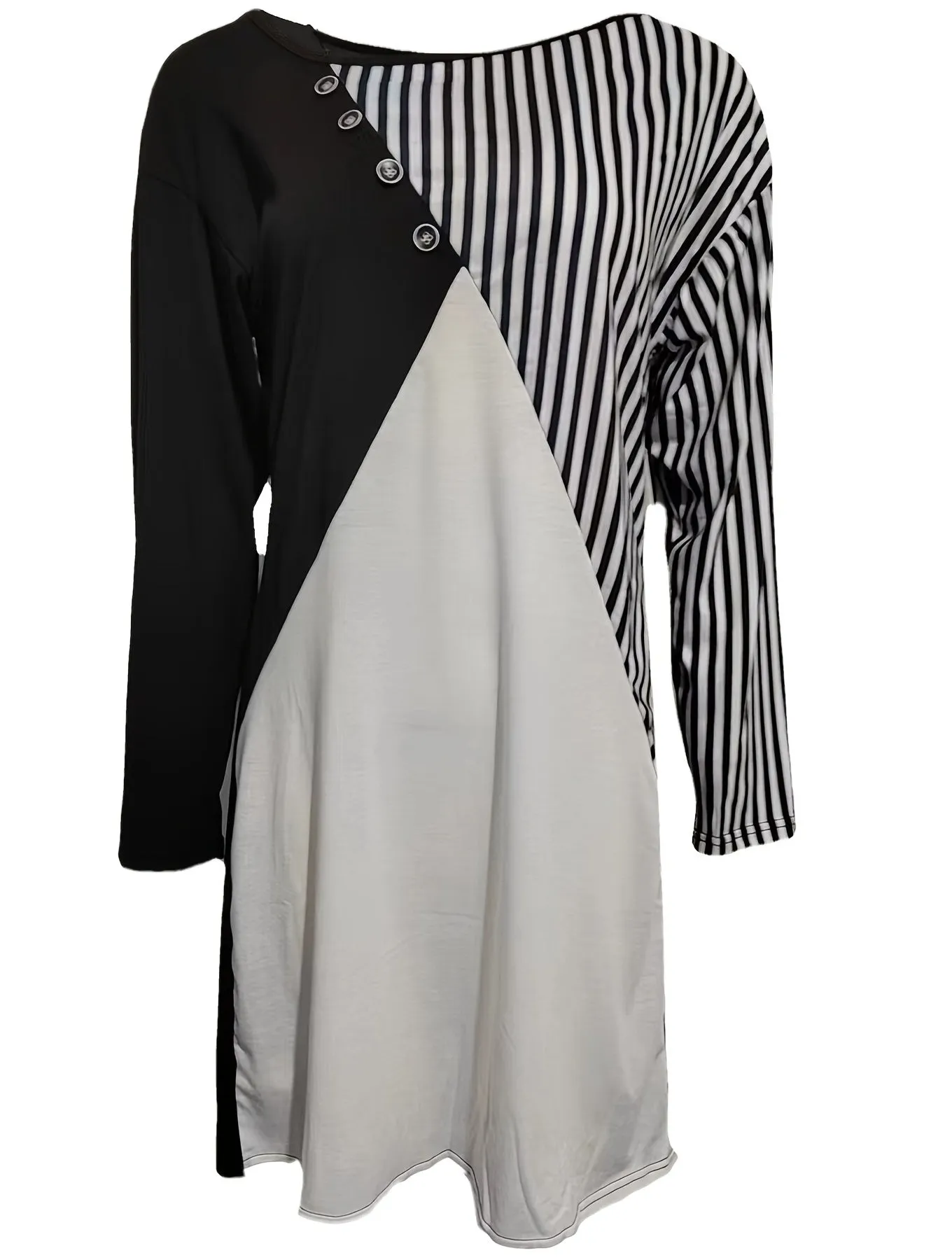 Striped Color Block Casual Stitching Asymmetrical Neck 3/4 Sleeve Dress