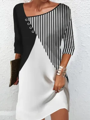 Striped Color Block Casual Stitching Asymmetrical Neck 3/4 Sleeve Dress