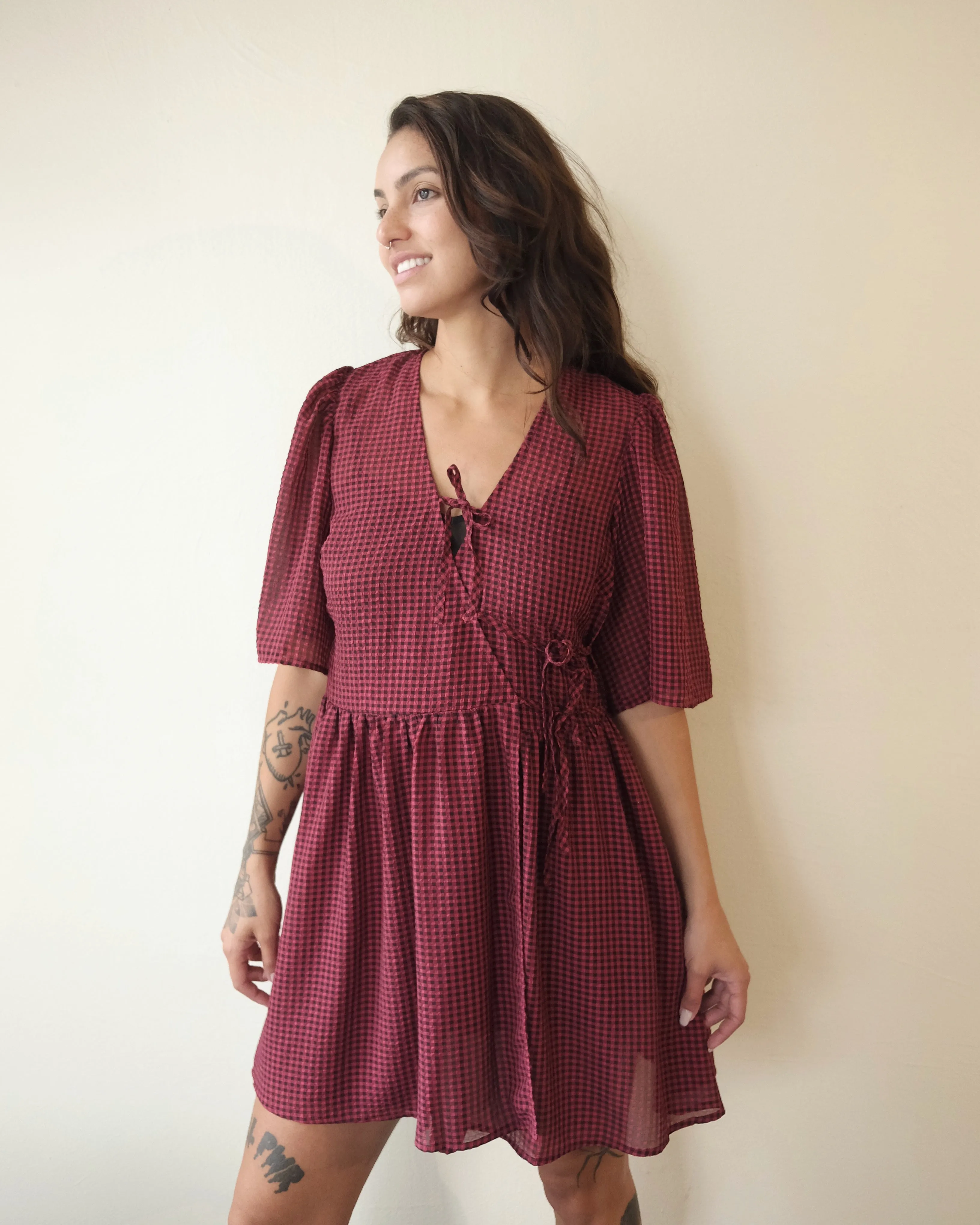 Tie String Wrap Dress, Wine