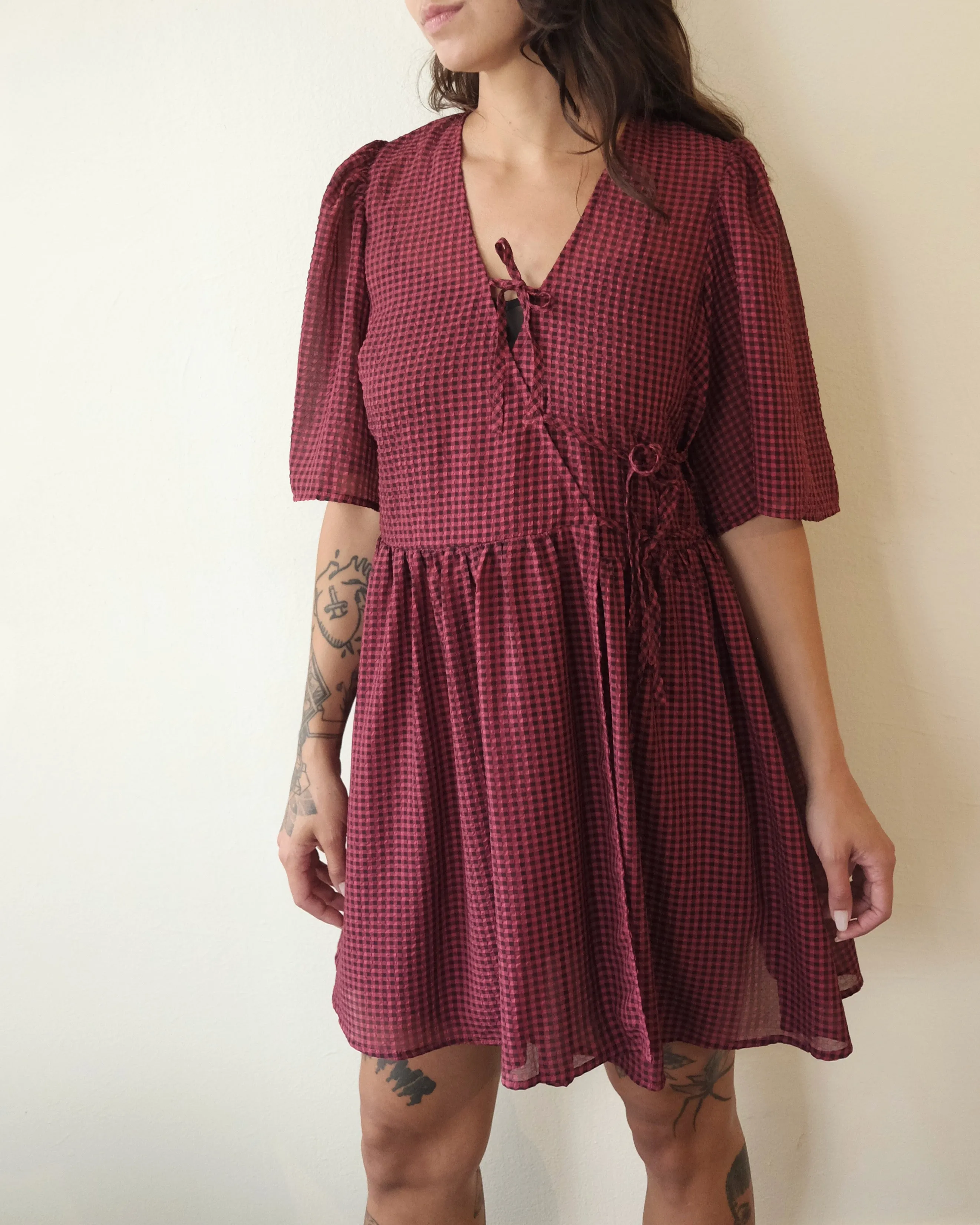 Tie String Wrap Dress, Wine