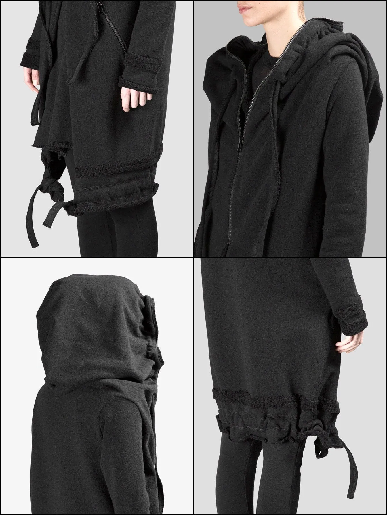 Women Asymmetric Raw Cut Seam Detail Sweaters Hoodie Zipped Side Pockets