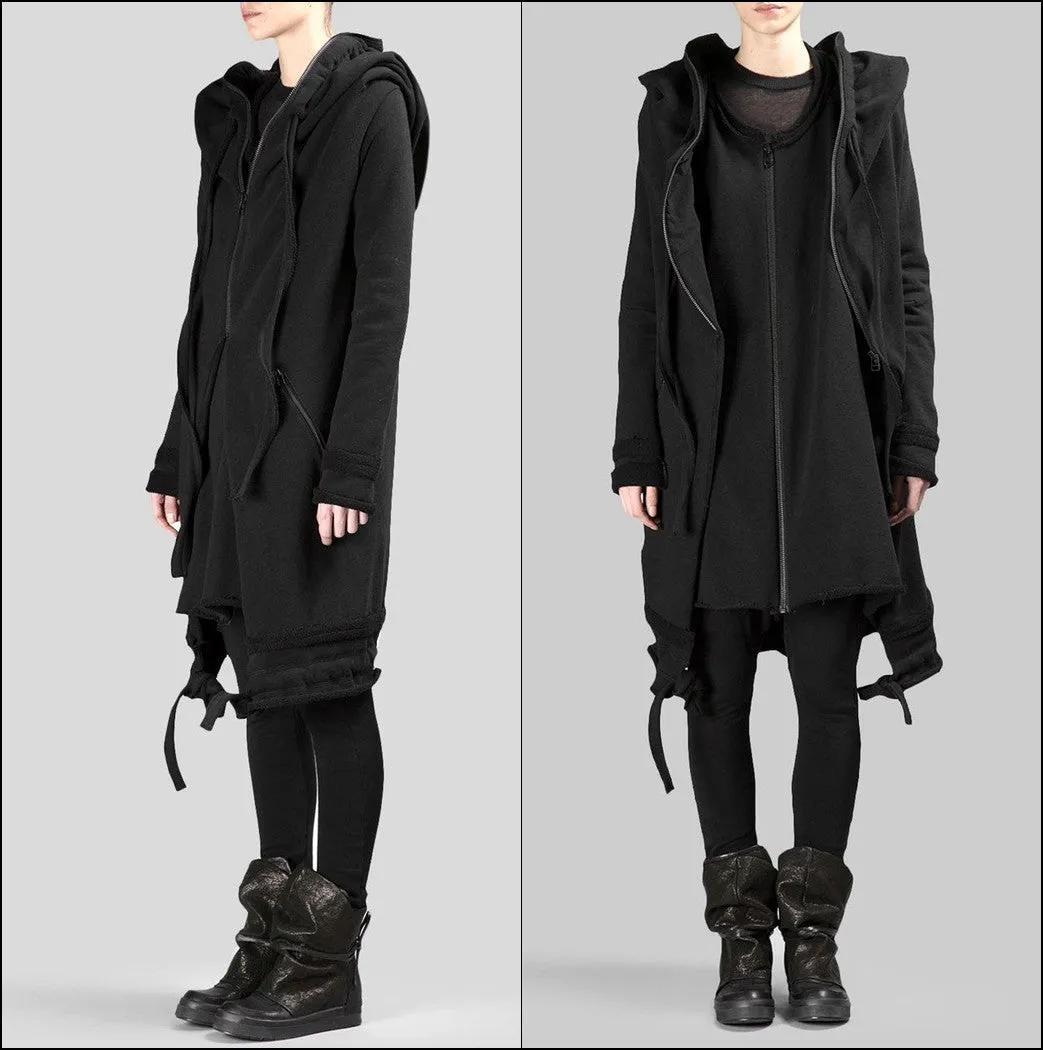 Women Asymmetric Raw Cut Seam Detail Sweaters Hoodie Zipped Side Pockets