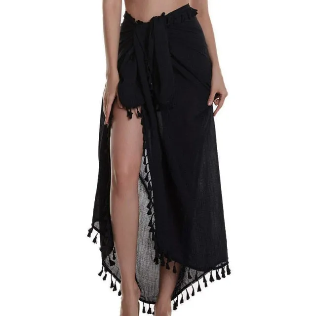 Women Beach Dress Semi-sheer Swimwear Bikini Cover Ups Short Skirt with Tassels Chiffon Wrap Swimming Dress Sarong Pareo Shorts