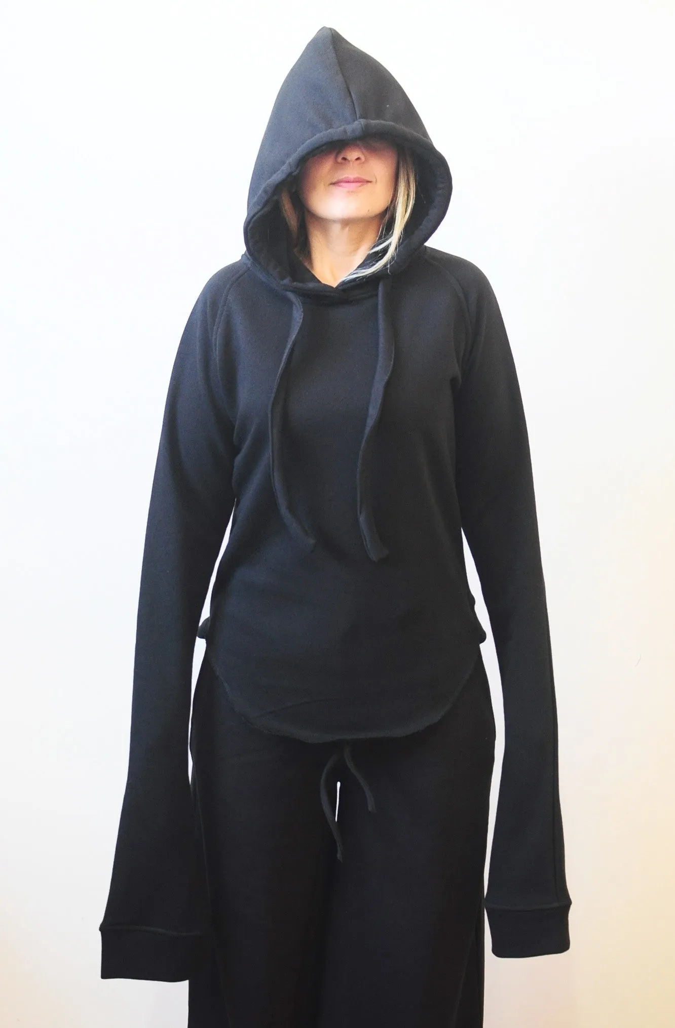 Women Dark Black Overlong Extra Long Sleeves Asymmetric Cut Women Hoodie Top Swearshirt