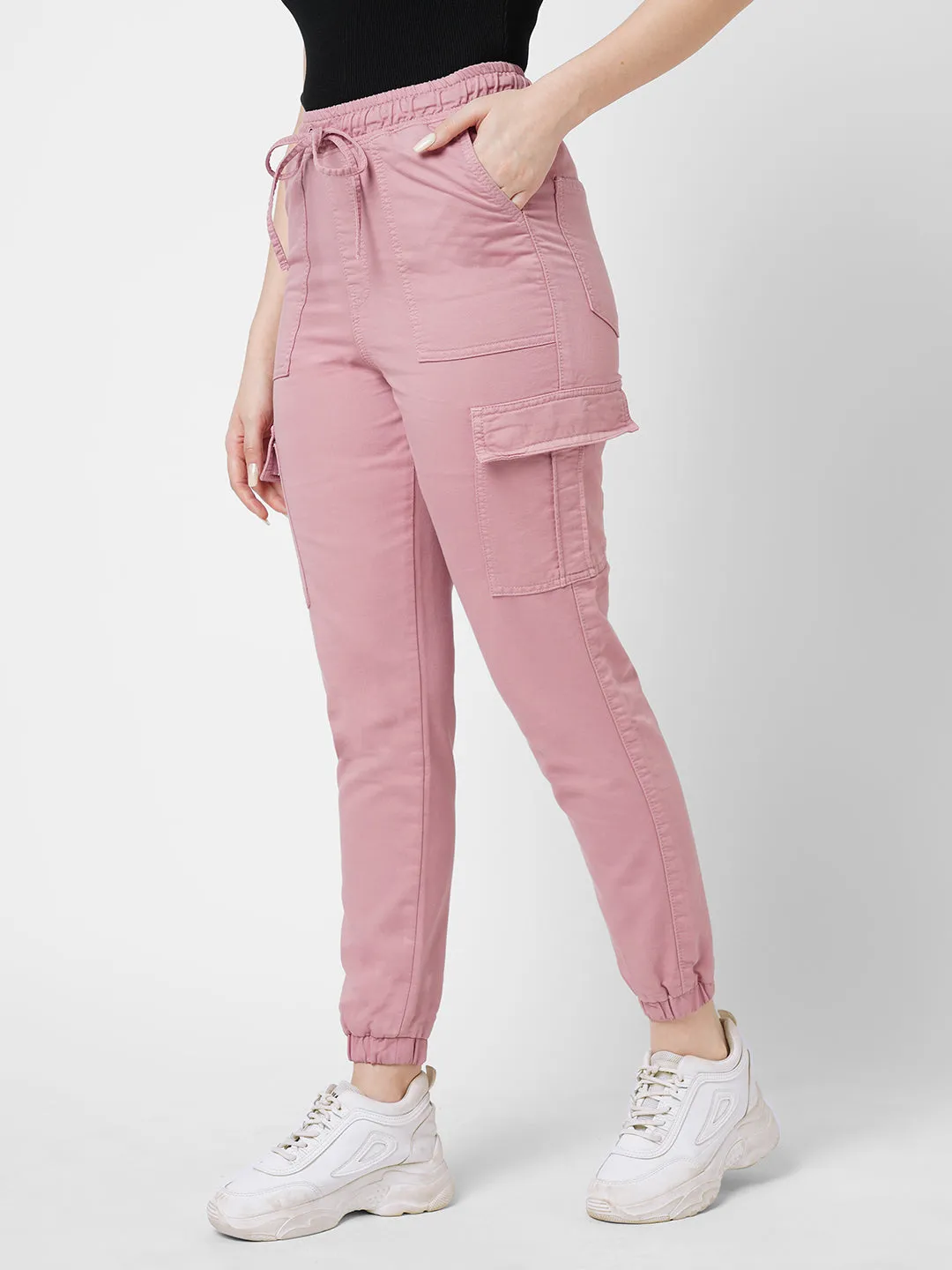 Women Dusty Pink High Rise Denim Jogger