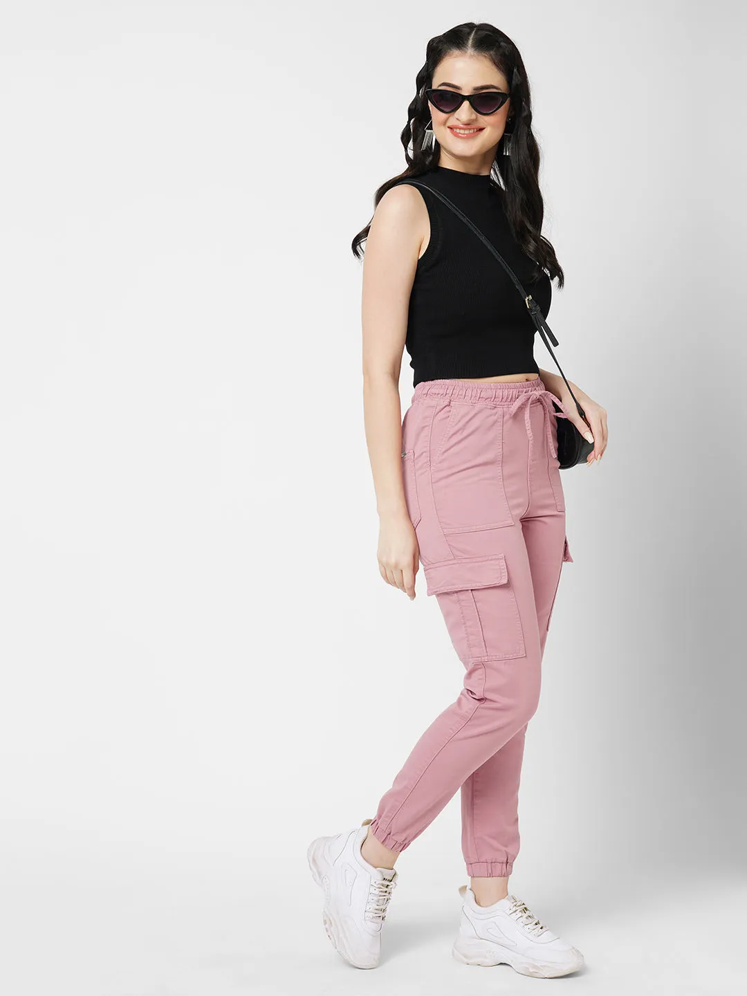 Women Dusty Pink High Rise Denim Jogger