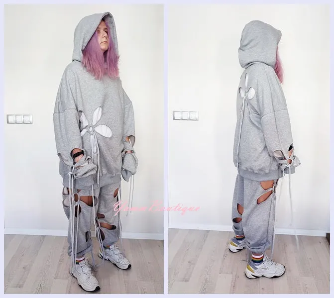 Women Hollow Floral Cut Asymmetric Tracksuit Hoodie and Jogger / Plus Size-BB156