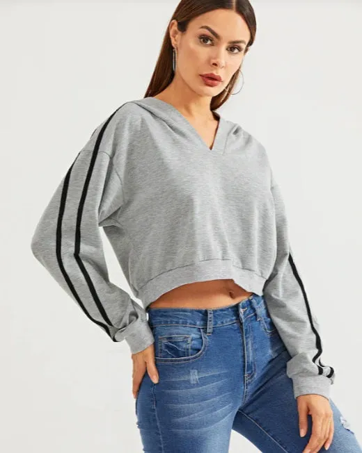 Women Striped Sleeve Heather Knit Crop Top Sports Hoodie / Gym Top