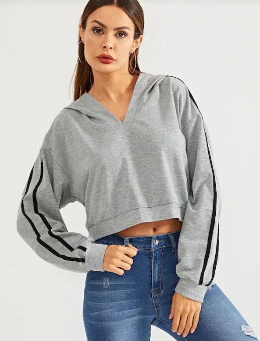 Women Striped Sleeve Heather Knit Crop Top Sports Hoodie / Gym Top