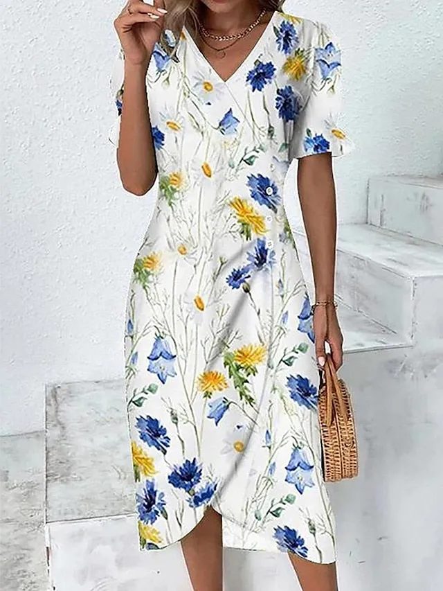 Women's Casual Dress Sheath Dress Wrap Dress Floral Asymmetrical Print V Neck Midi Dress Active Fashion Outdoor Street Short Sleeve Loose Fit Yellow Pink Red Summer Spring S M L XL XXL