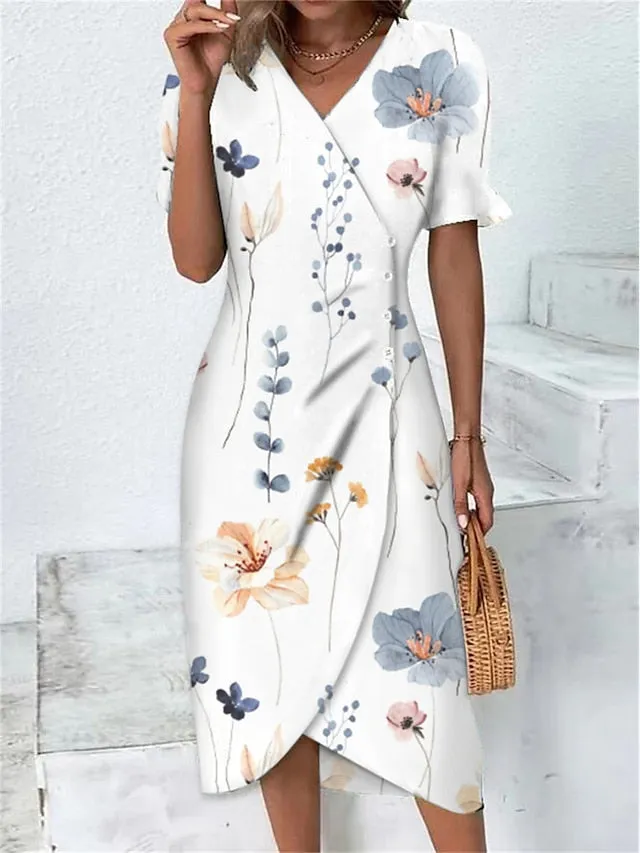 Women's Casual Dress Sheath Dress Wrap Dress Floral Asymmetrical Print V Neck Midi Dress Active Fashion Outdoor Street Short Sleeve Loose Fit Yellow Pink Red Summer Spring S M L XL XXL