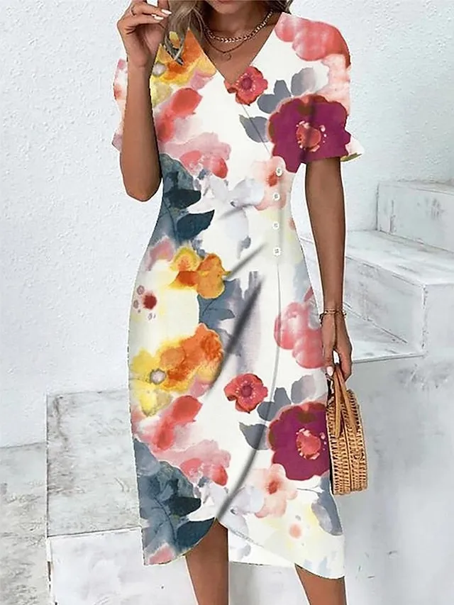 Women's Casual Dress Sheath Dress Wrap Dress Floral Asymmetrical Print V Neck Midi Dress Active Fashion Outdoor Street Short Sleeve Loose Fit Yellow Pink Red Summer Spring S M L XL XXL