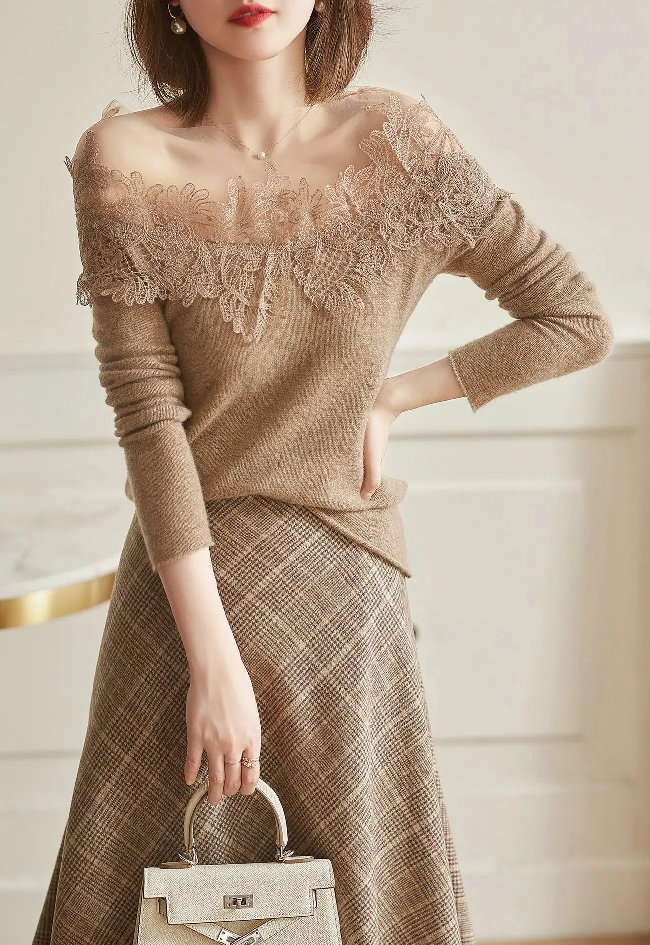 Women's Lace Stitching Embroidered Cashmere Sweater Top