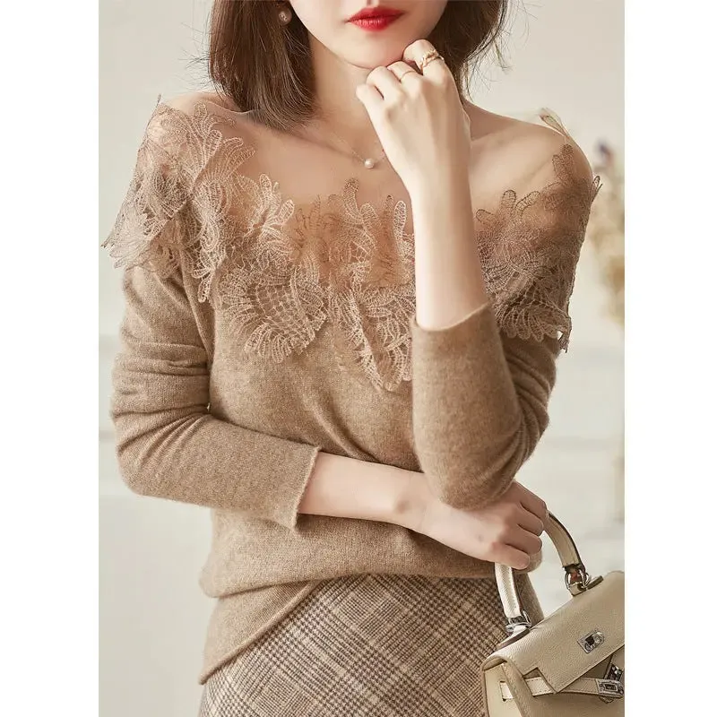 Women's Lace Stitching Embroidered Cashmere Sweater Top