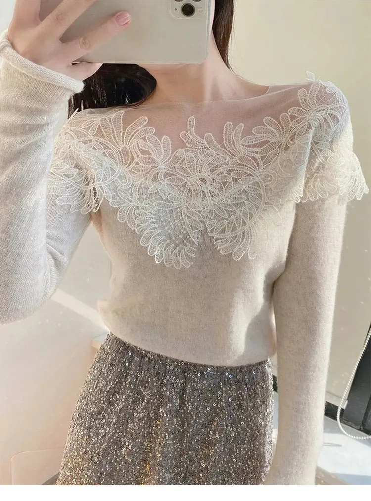 Women's Lace Stitching Embroidered Cashmere Sweater Top