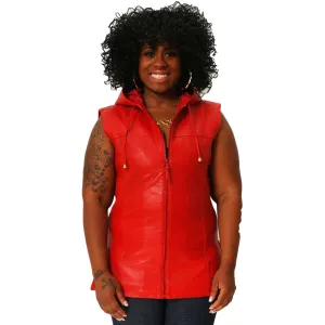 Womens Leather Shirt Red Hoodie Zip up Sleeveless Tee Sheepskin S or M