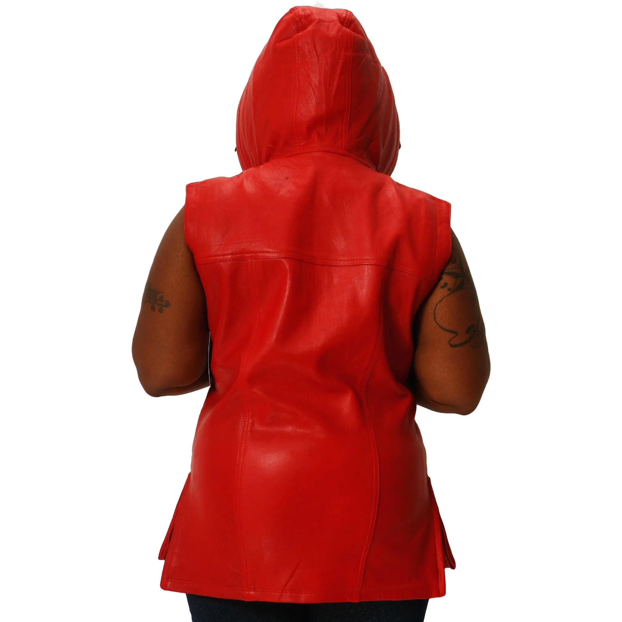 Womens Leather Shirt Red Hoodie Zip up Sleeveless Tee Sheepskin S or M