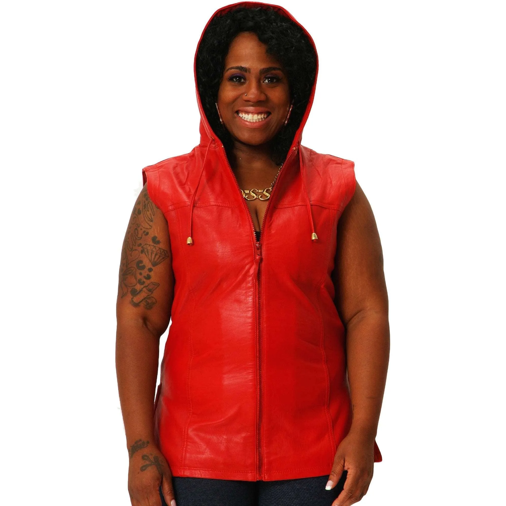 Womens Leather Shirt Red Hoodie Zip up Sleeveless Tee Sheepskin S or M