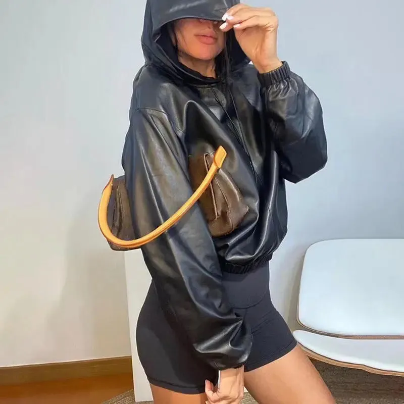 Women's Leather Versatile Round Neck Hoodie