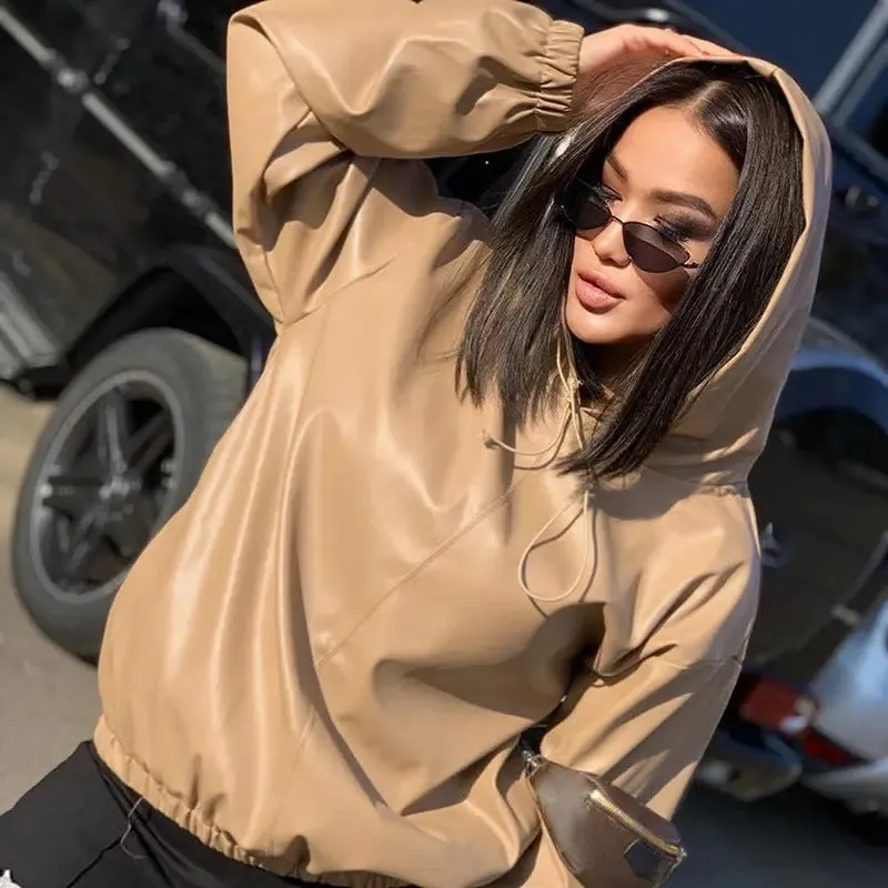 Women's Leather Versatile Round Neck Hoodie