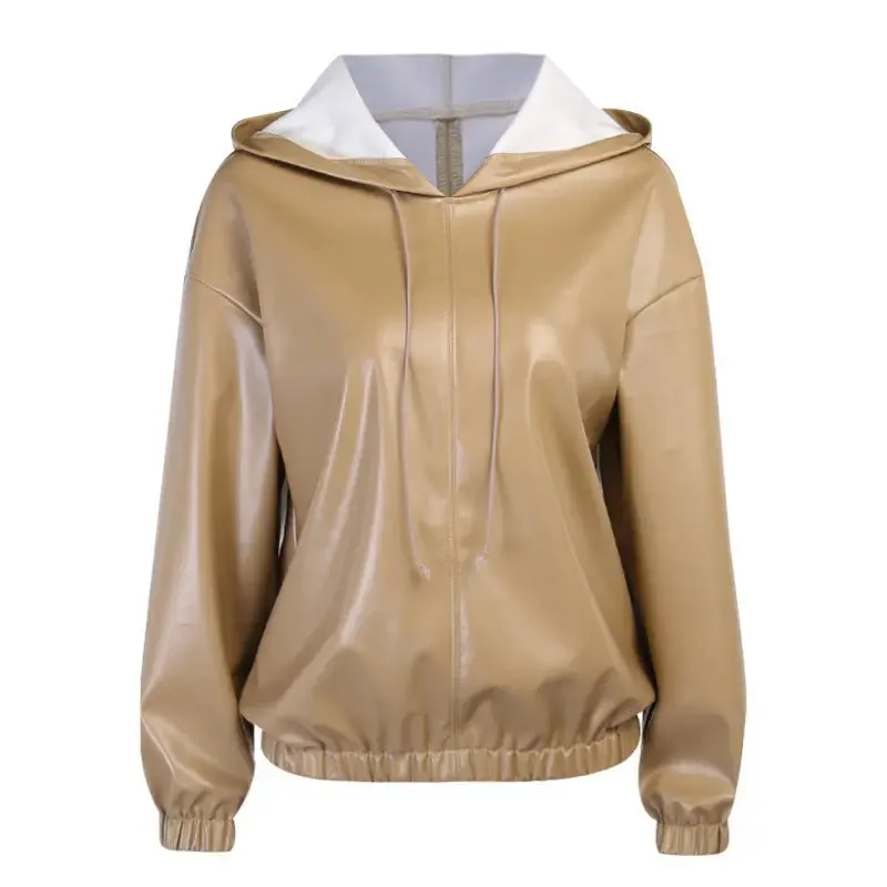 Women's Leather Versatile Round Neck Hoodie